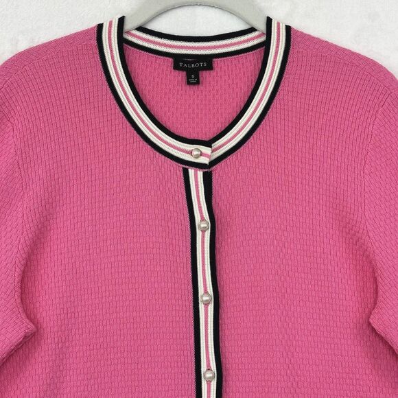 Talbots Tipped Cardigan Sweater Womens S Faux Pearl Buttons Career Pink Black - Picture 2 of 15